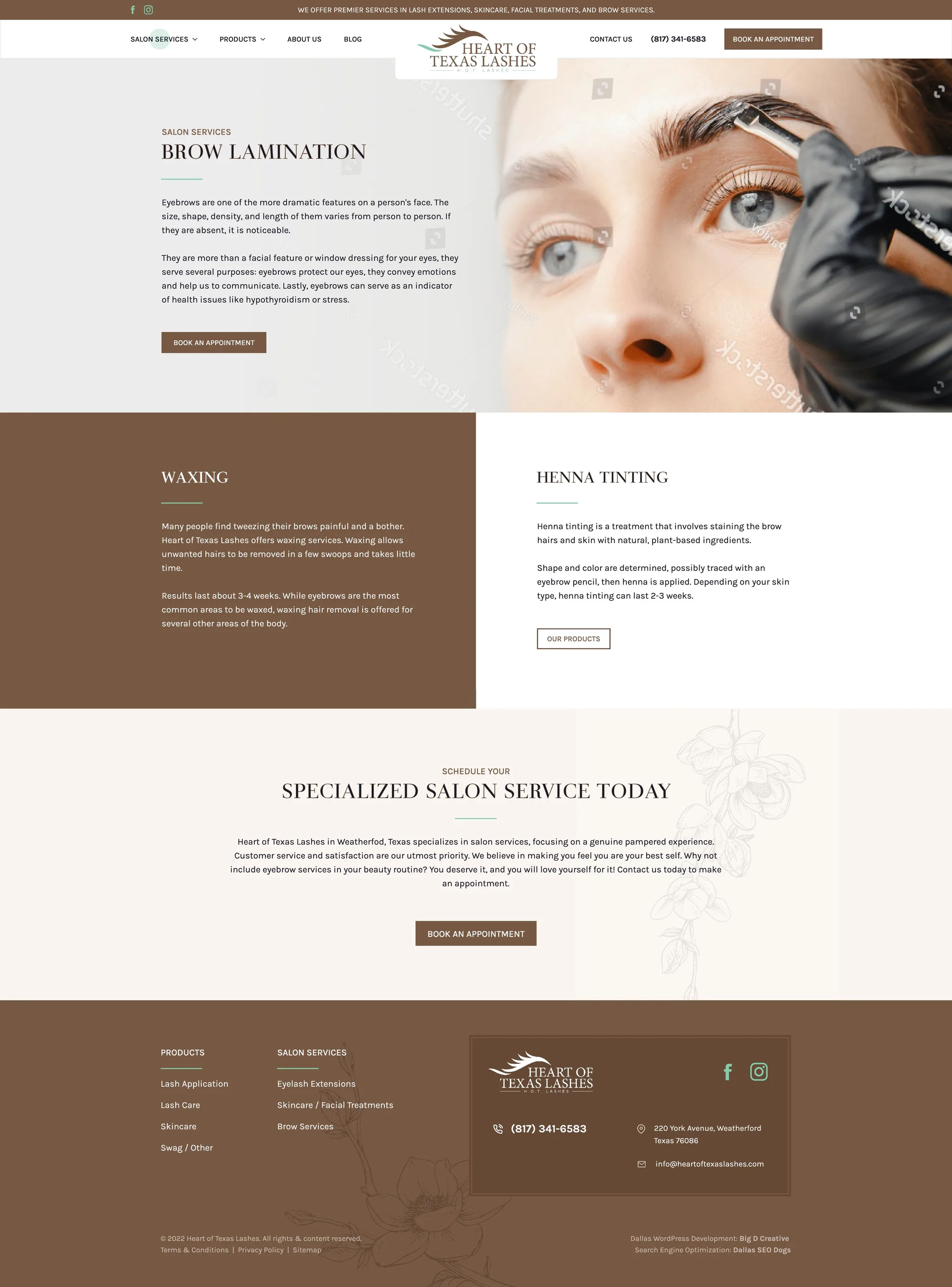 Heart of Texas Lashes website, Brow Services page