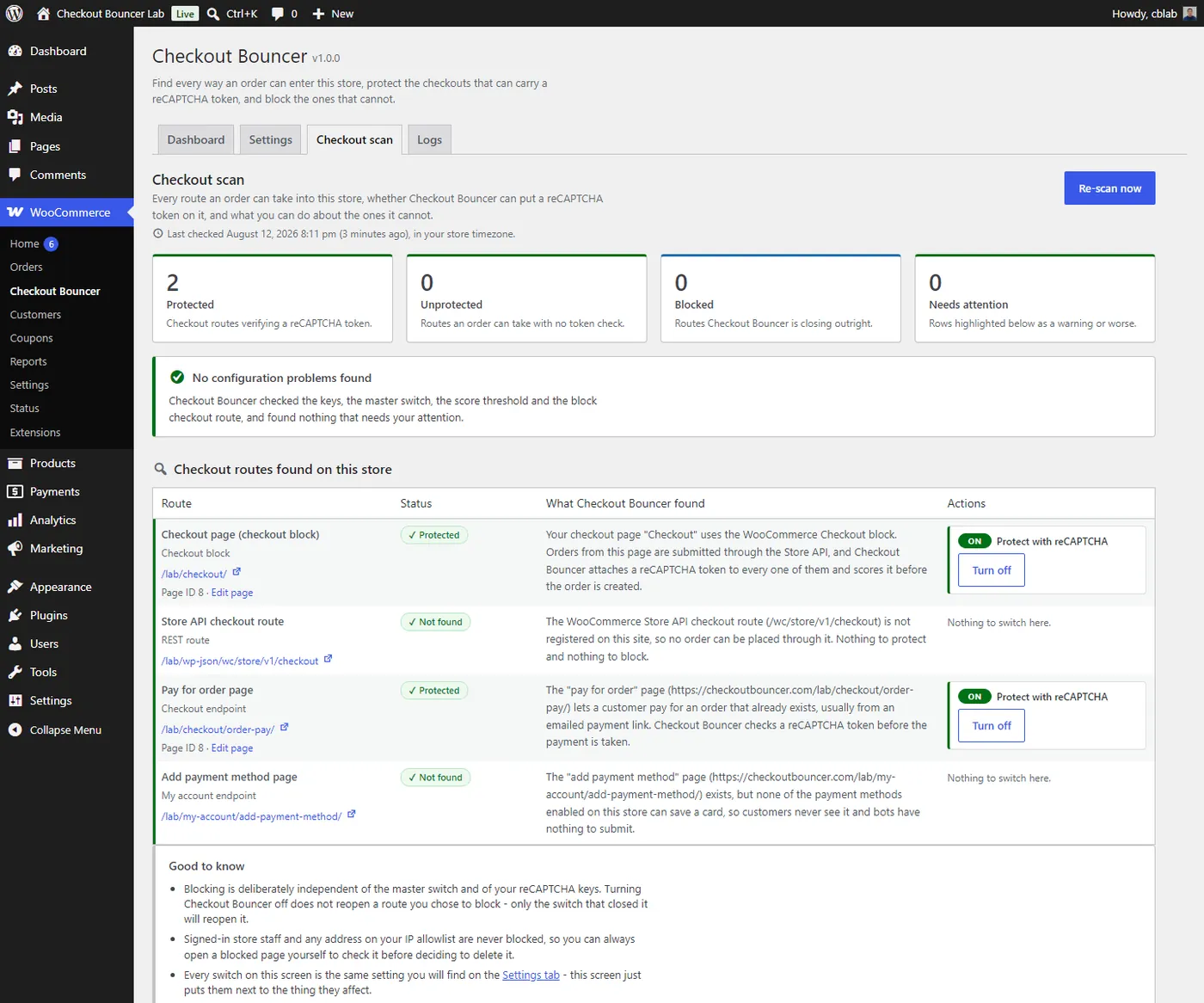 Checkout Bouncer plugin admin: Checkout scanner screen.