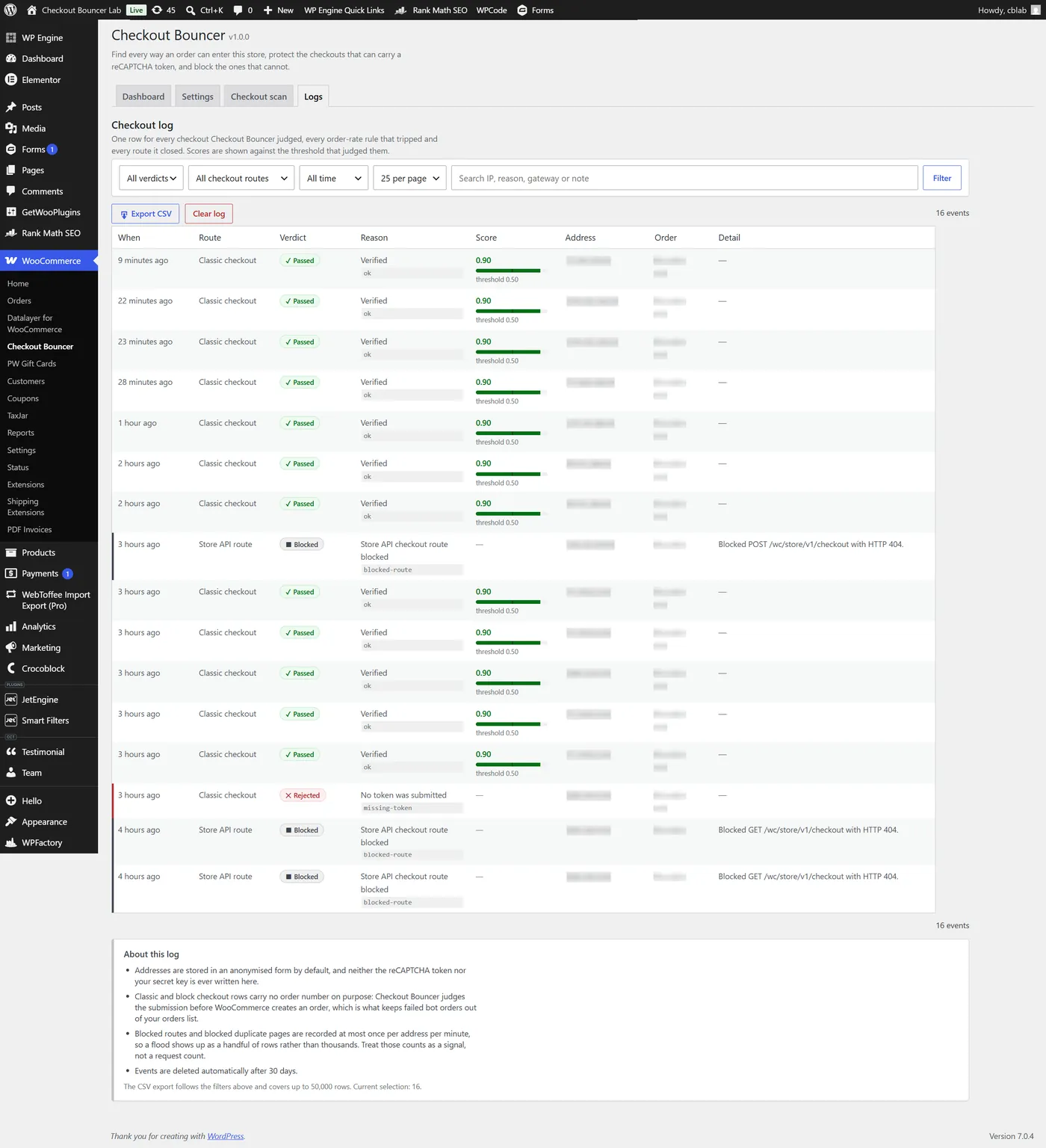 Checkout Bouncer plugin admin: Event logs screen.