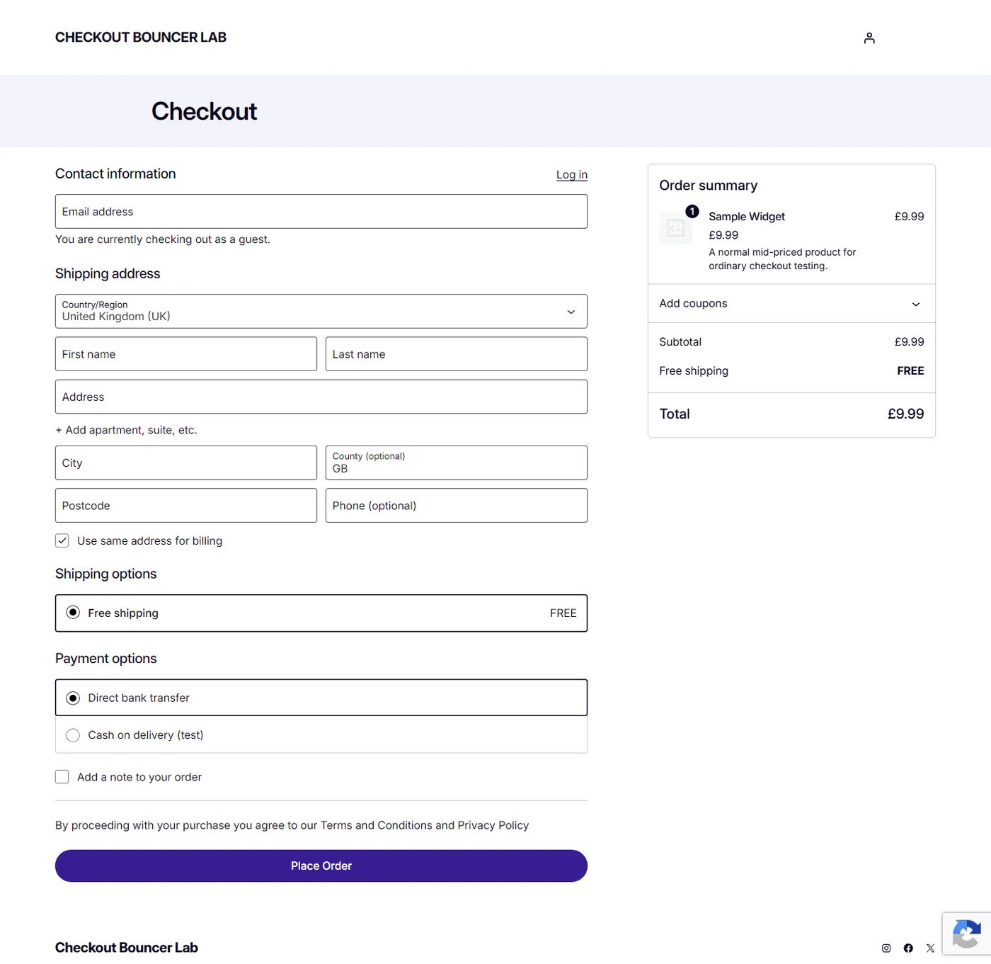 Checkout Bouncer plugin admin: Front-end checkout screen.