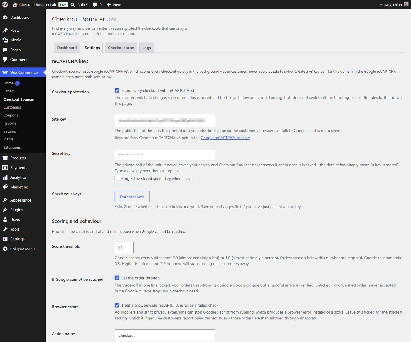 Checkout Bouncer plugin admin: Settings screen.