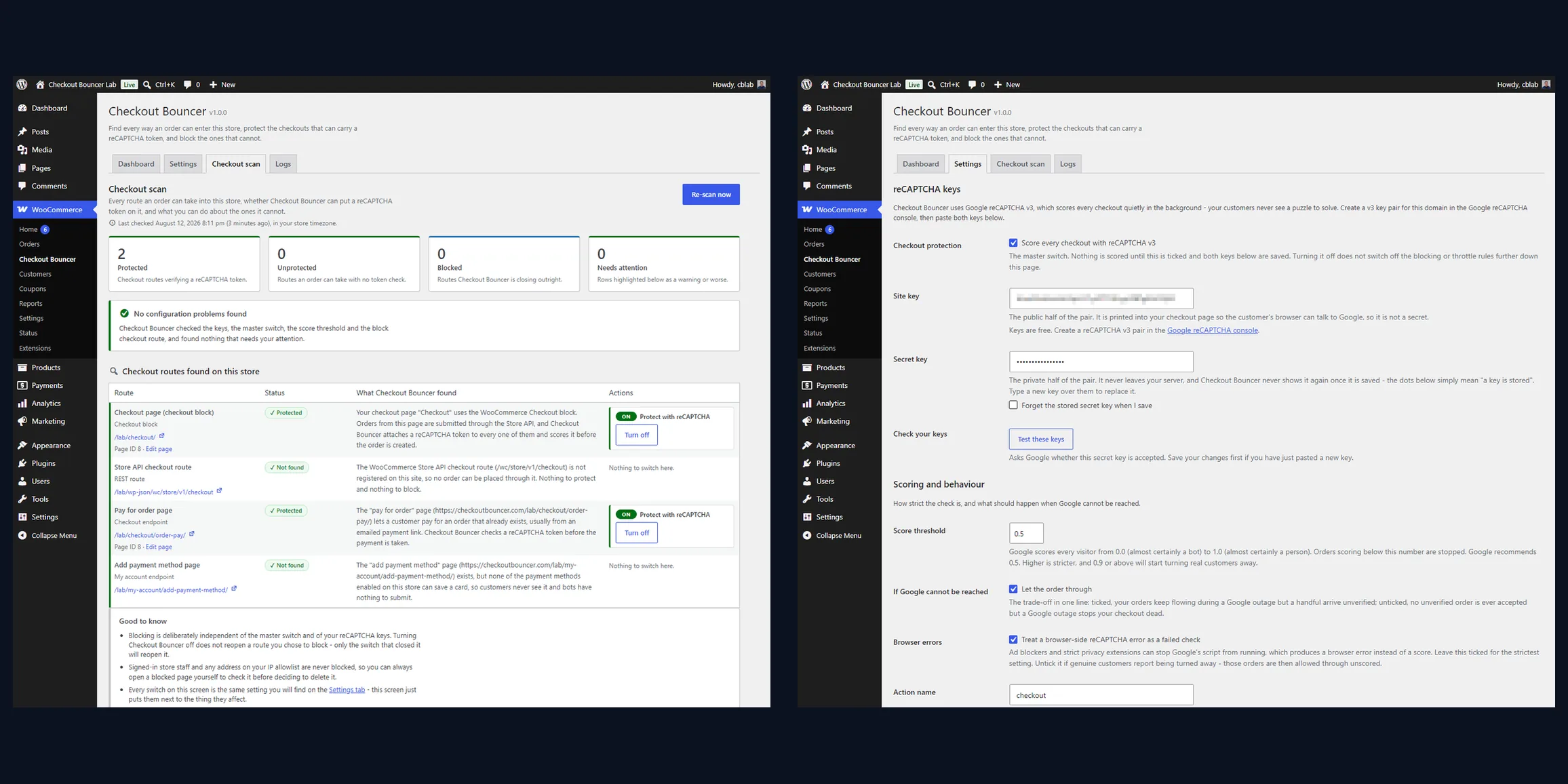 Two Checkout Bouncer admin screens side by side: the checkout scanner listing every route an order can enter a WooCommerce store through, and the settings screen with reCAPTCHA keys and scoring behaviour.