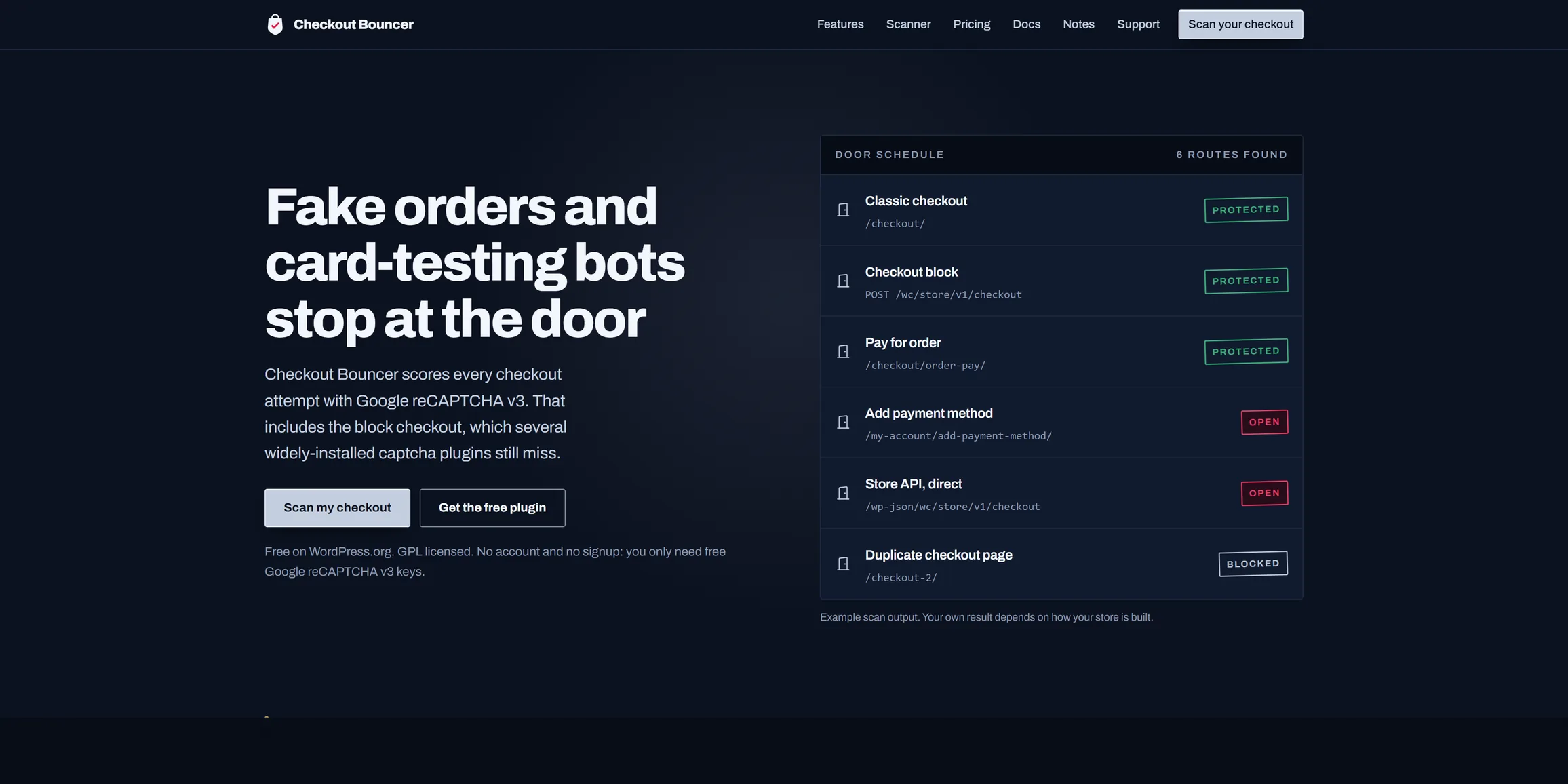 The Checkout Bouncer homepage on a desktop screen: the headline Fake orders and card-testing bots stop at the door, beside a live example of scanner output listing six checkout routes with their protected, open and blocked status.