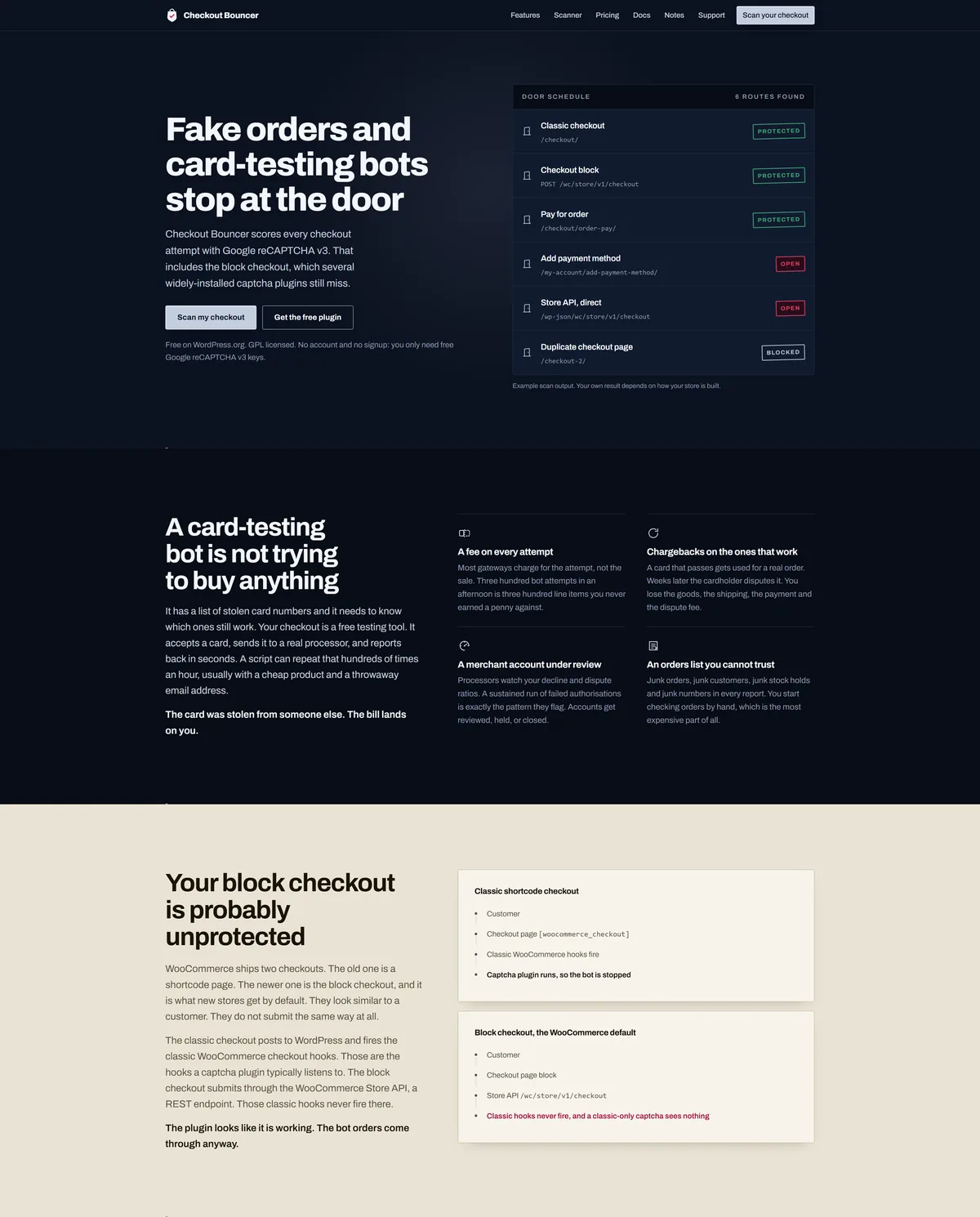 The Checkout Bouncer product site homepage, full desktop view.