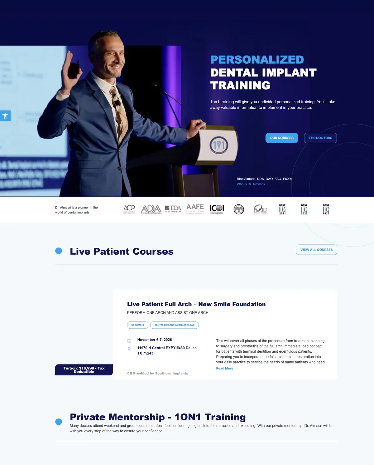 1on1 Implantology home page with dental implant training and live patient courses