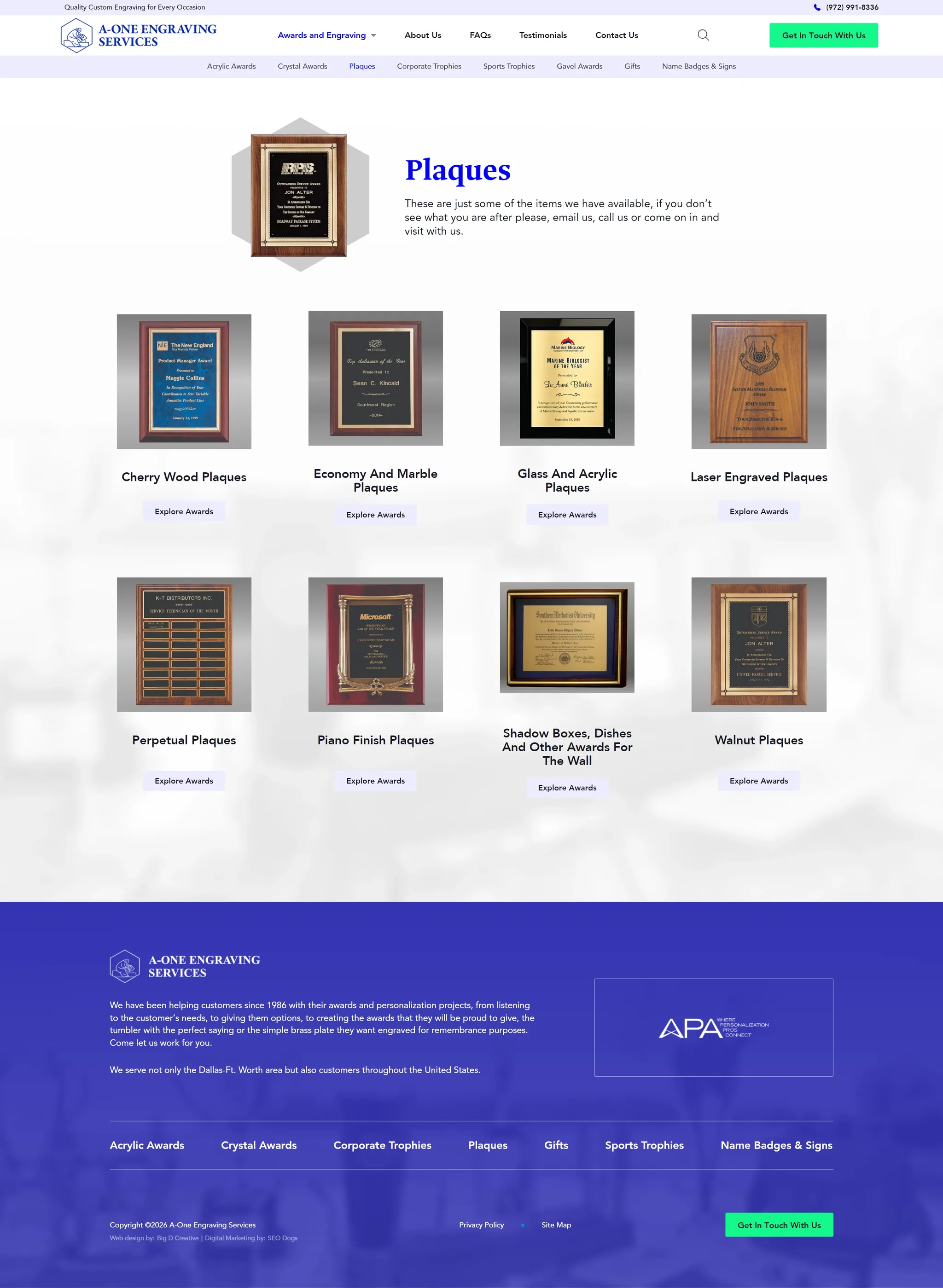 A-One Engraving website, Plaques page