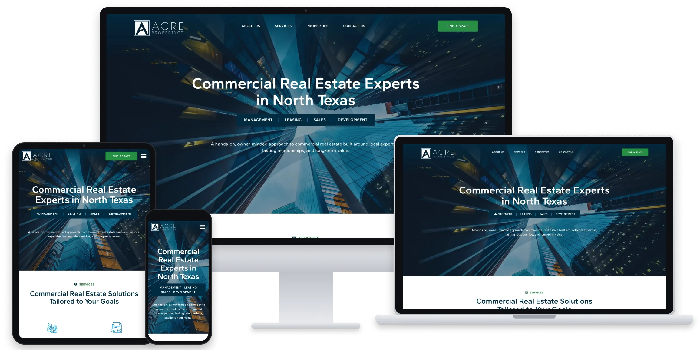 ACRE Property Co. website home page shown on desktop, laptop, tablet and phone screens