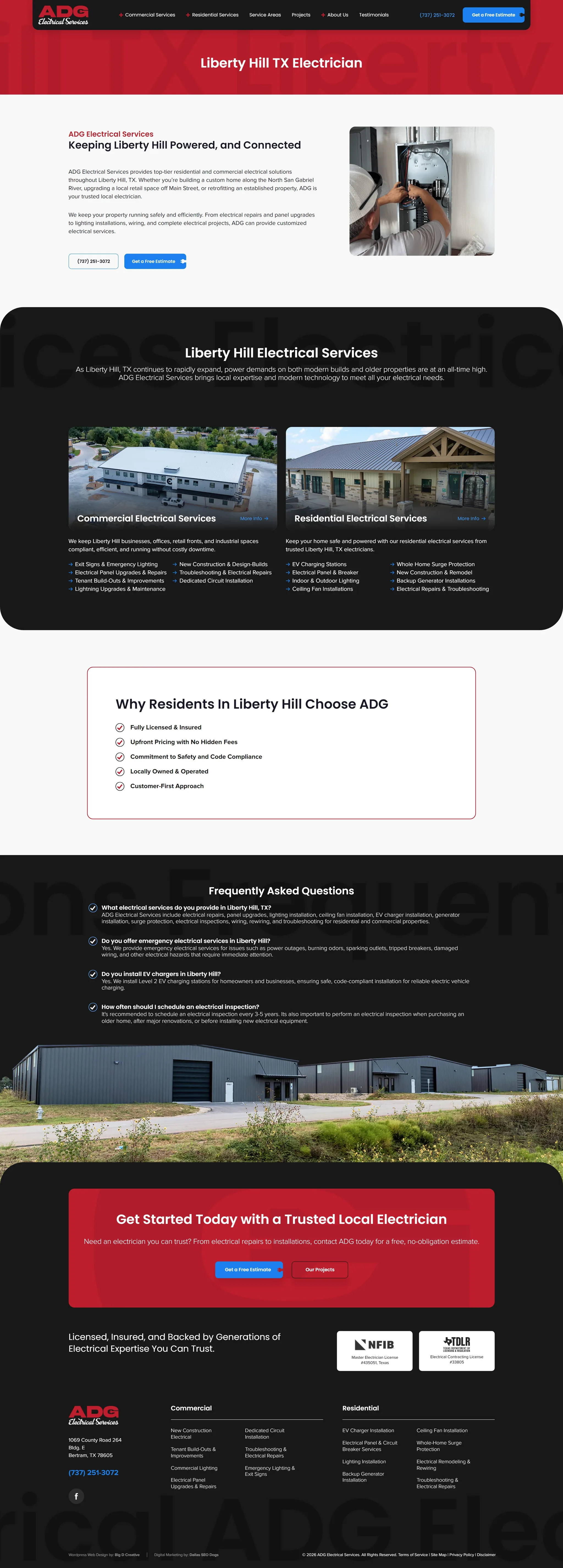 ADG Electrical Services website, Liberty Hill TX Electrician page