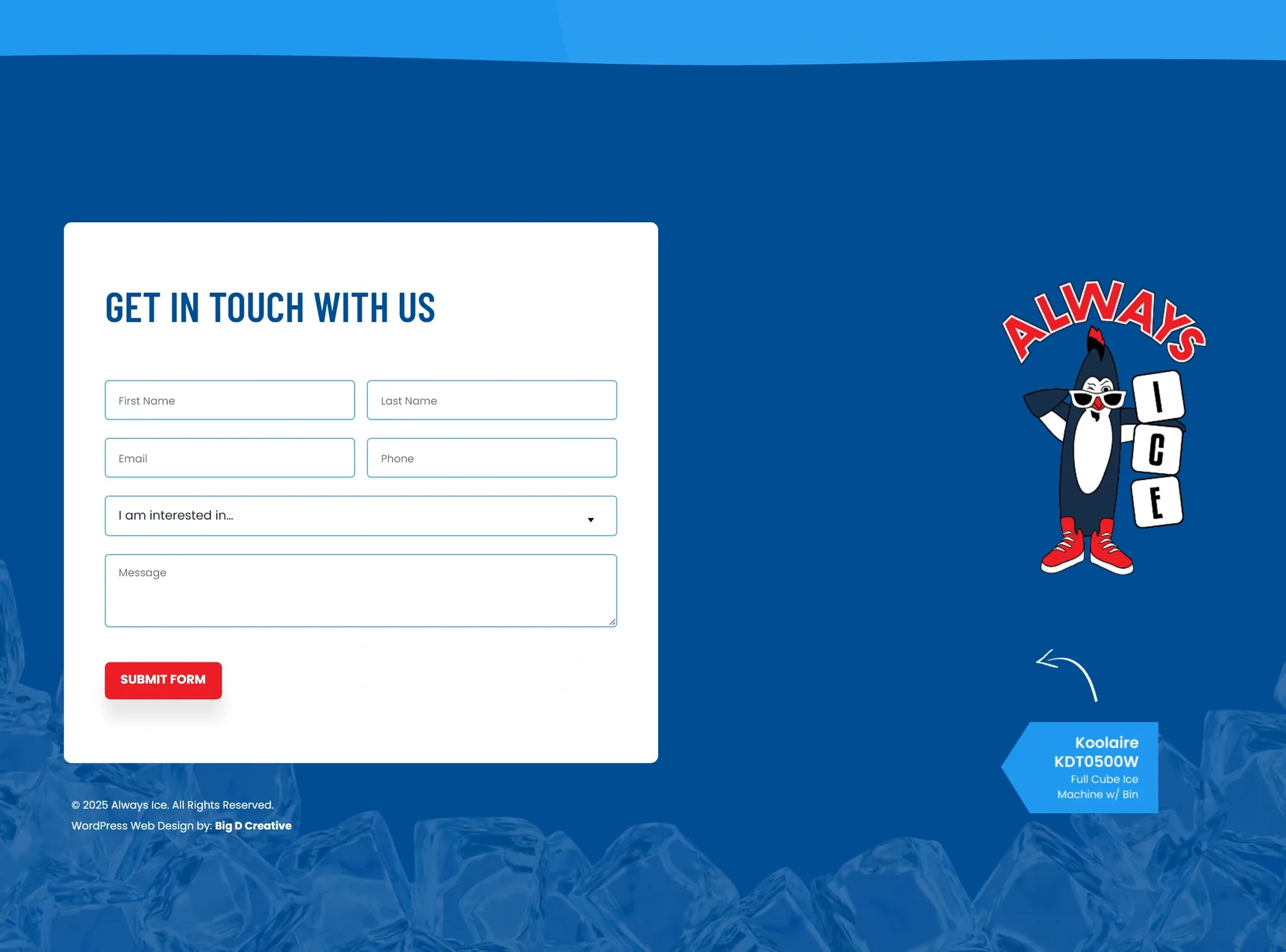Always Ice website, Home page Contact Us section with the enquiry form