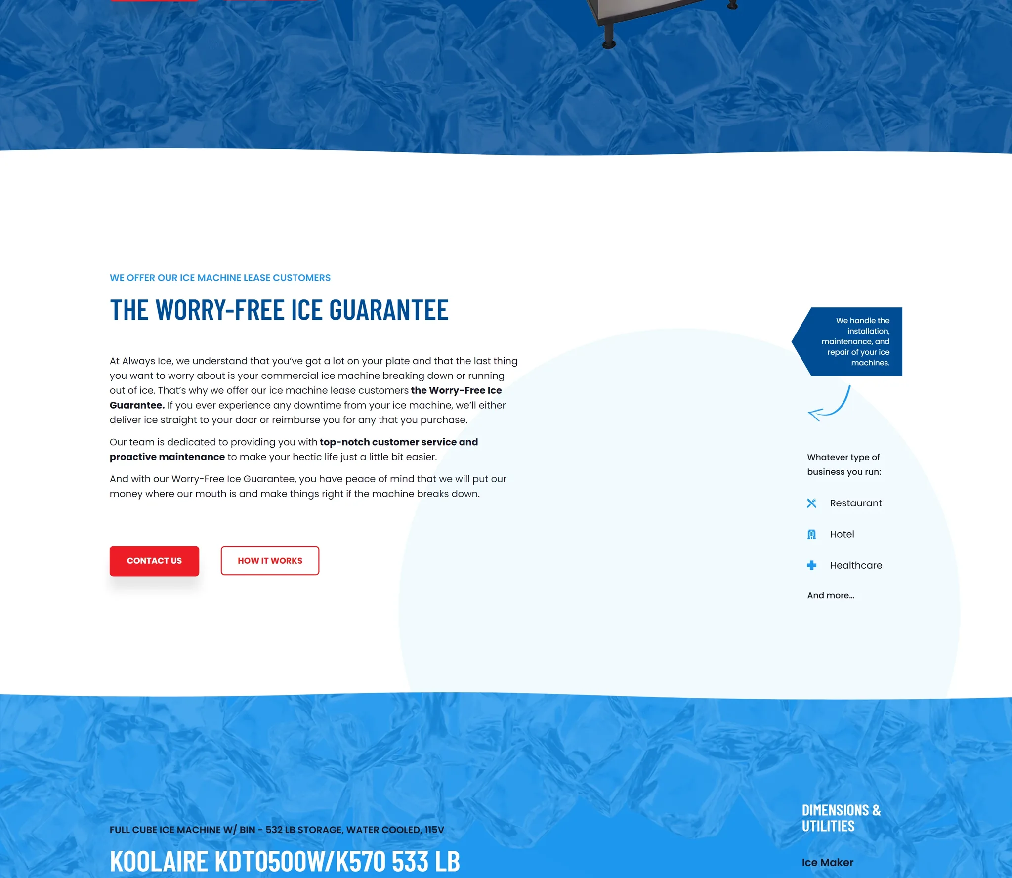 Always Ice website, Home page Worry-Free Ice Guarantee section