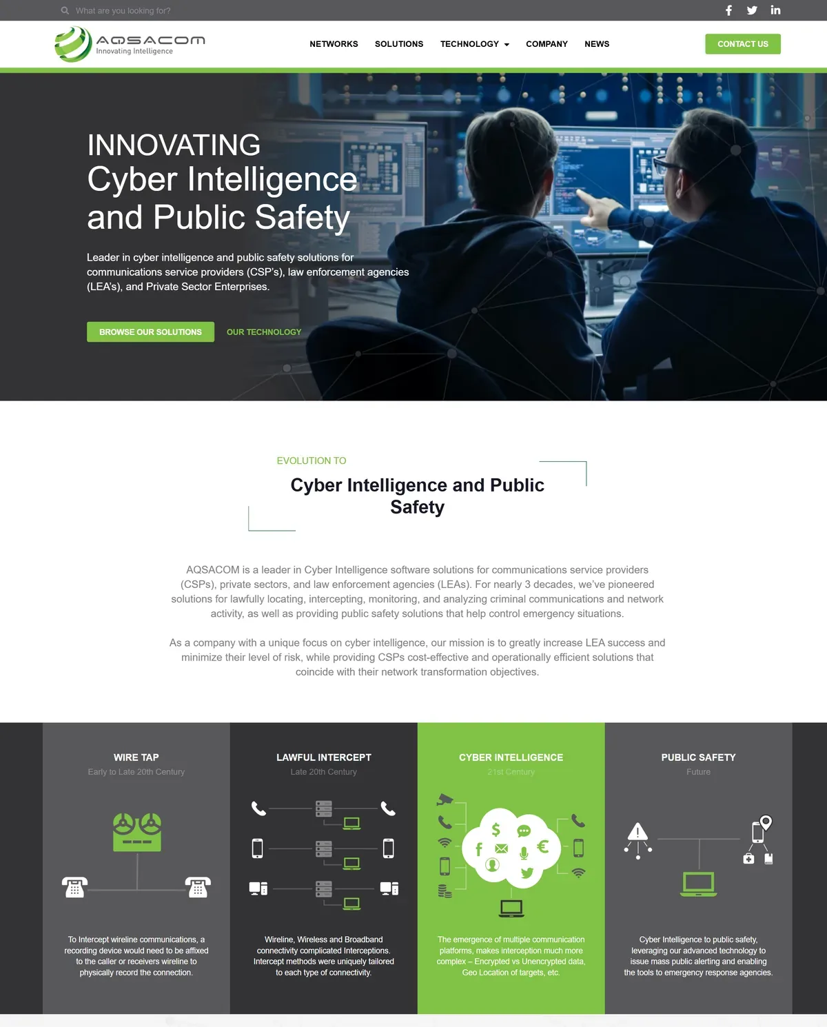 AQSACOM home page with cyber intelligence and public safety sections