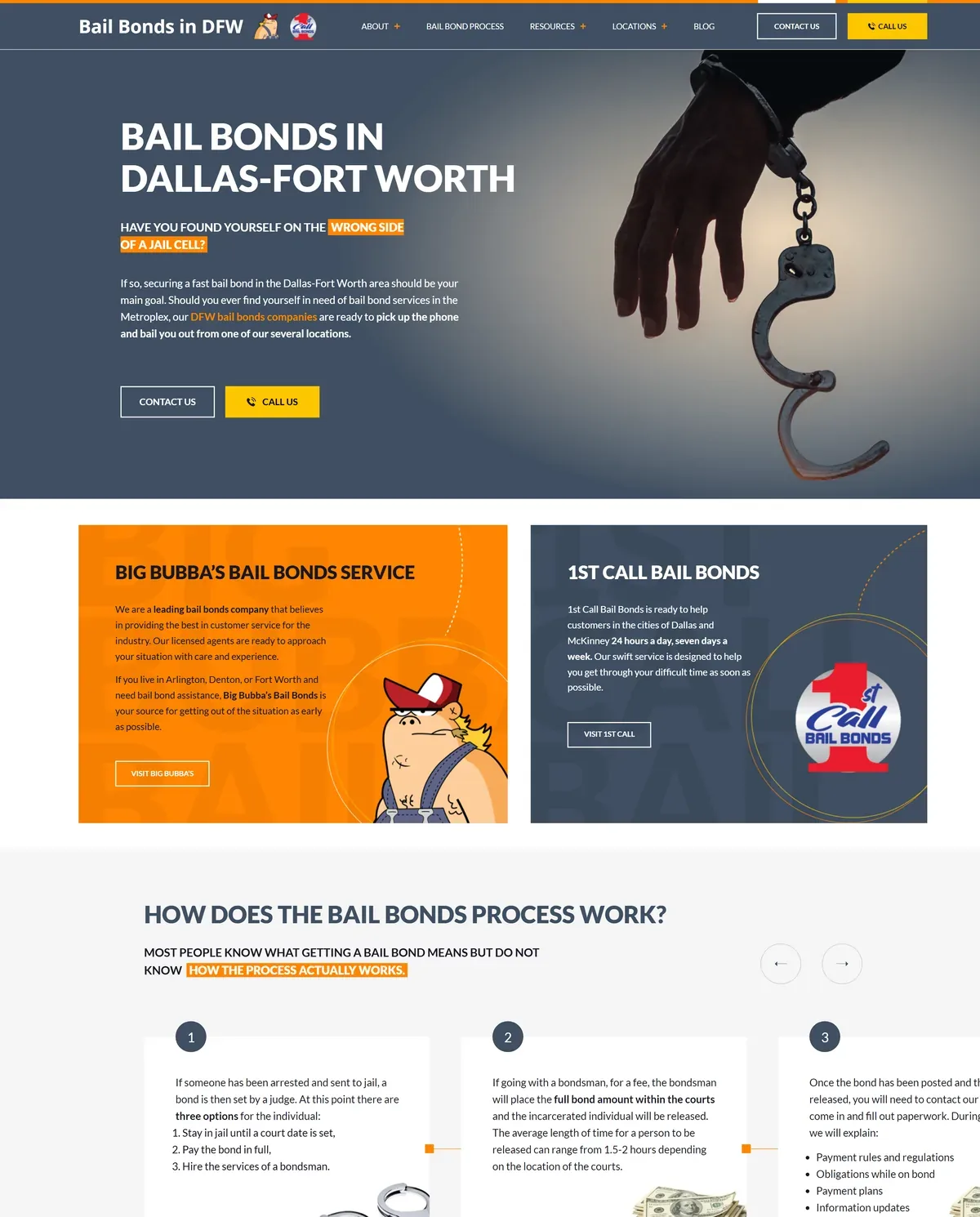 Bail Bonds in DFW home page with the two bail company sections