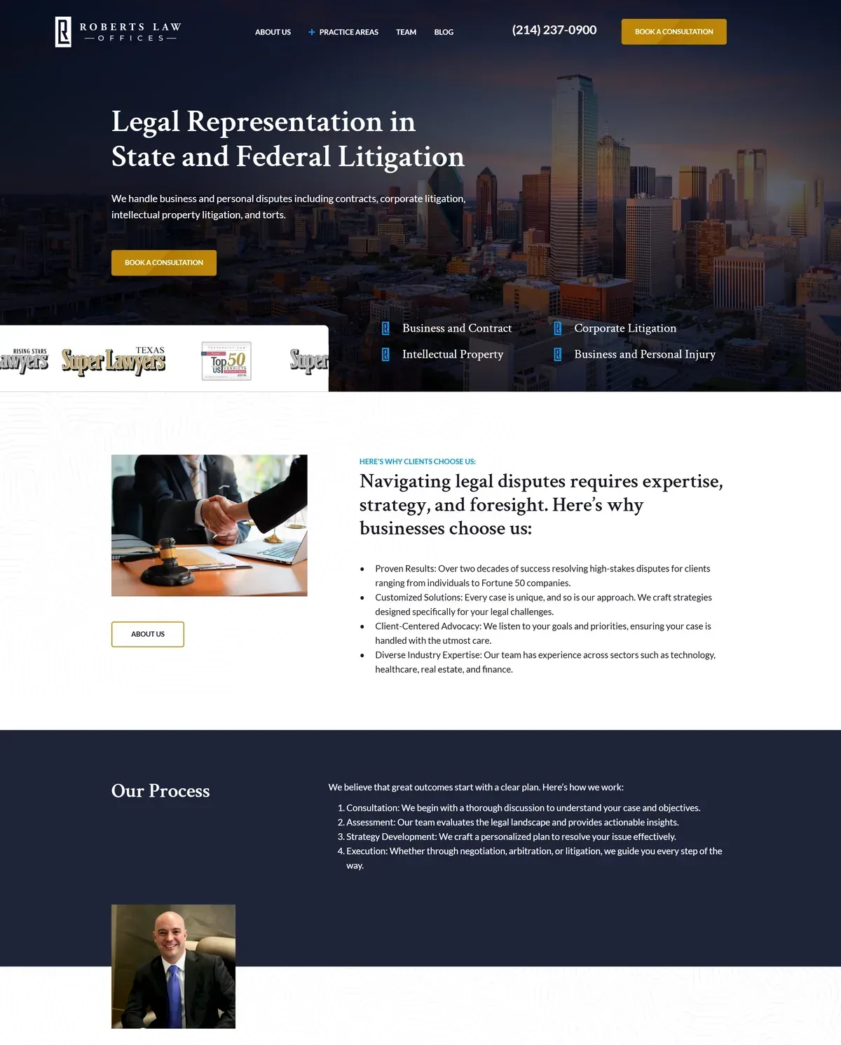 Business Litigation and Personal Injury Law Firm: Practice Area Pages and Attorney Profiles
