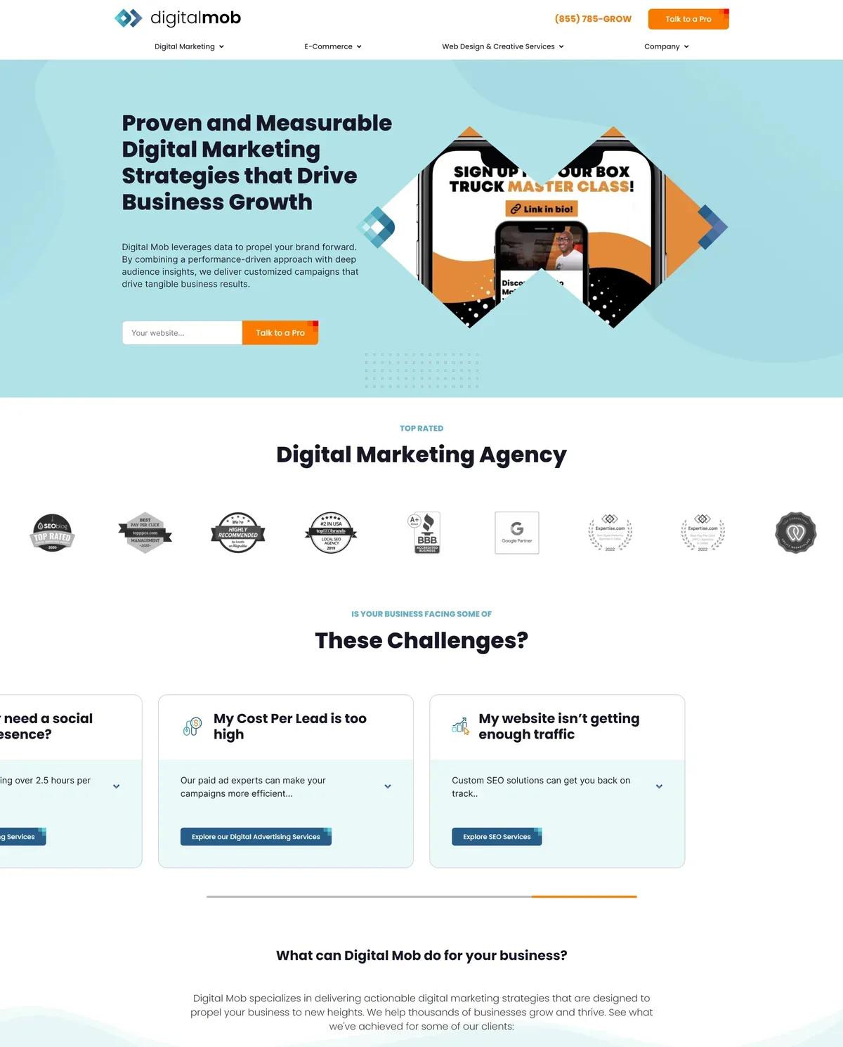 Digital Mob home page with marketing services and client logos