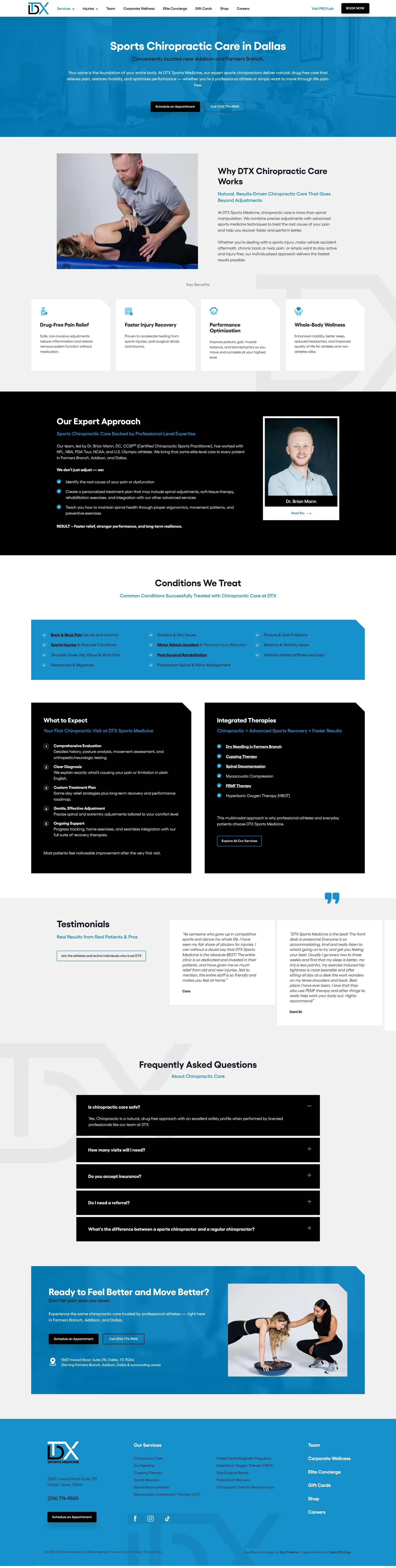 DTX Sports Medicine website, Chiropractic Care page