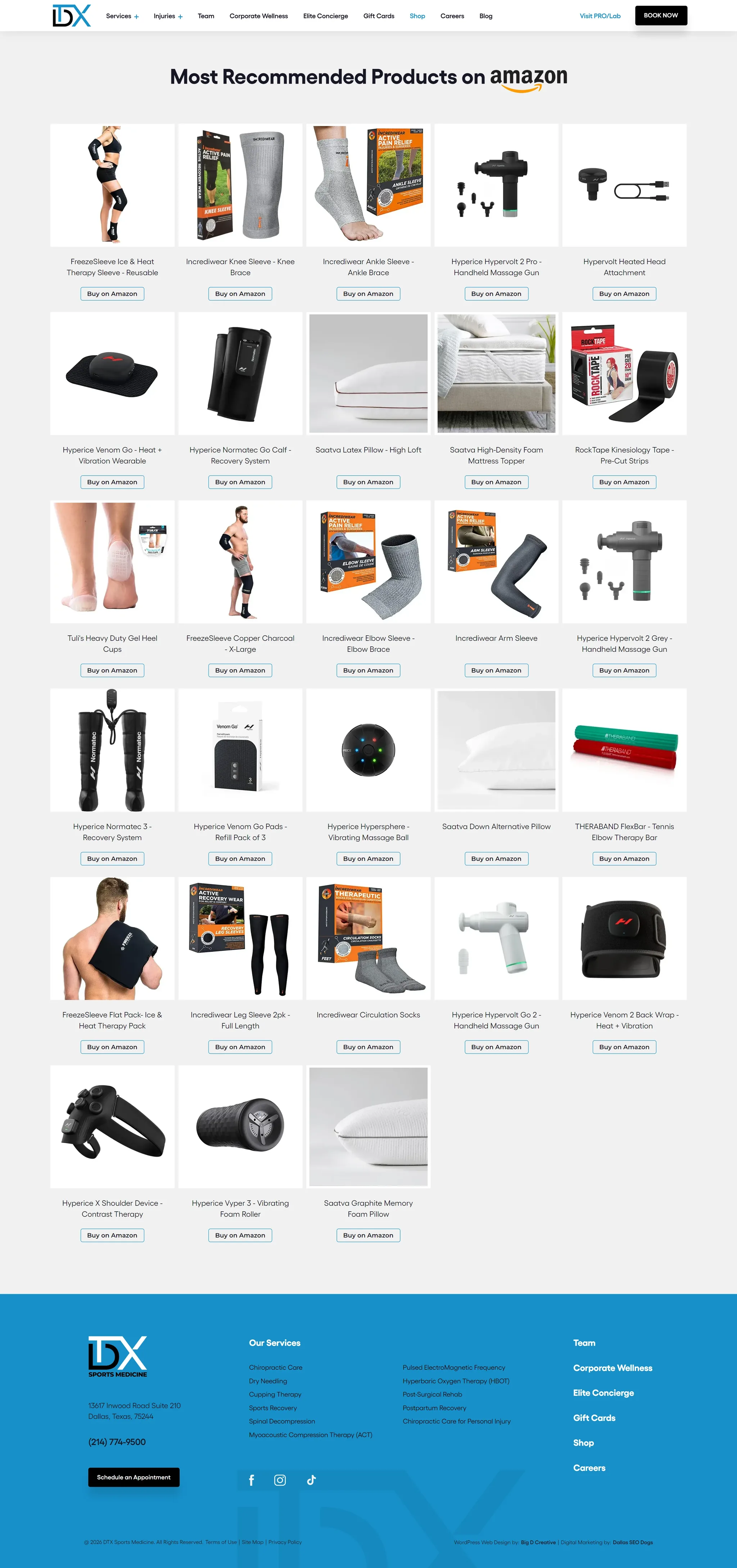 DTX Sports Medicine website, Shop page