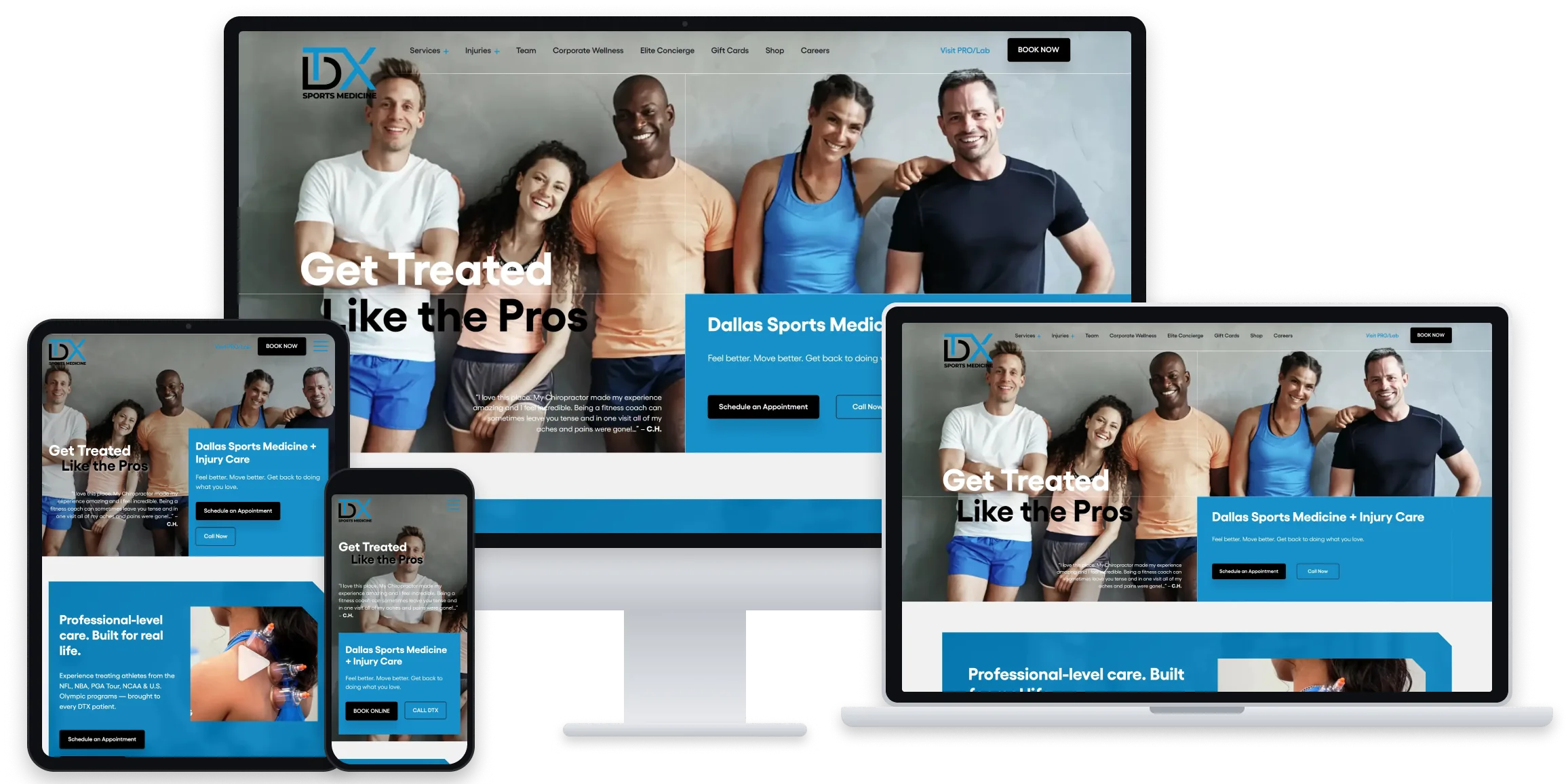 DTX Sports Medicine website home page shown on desktop, laptop, tablet and phone screens