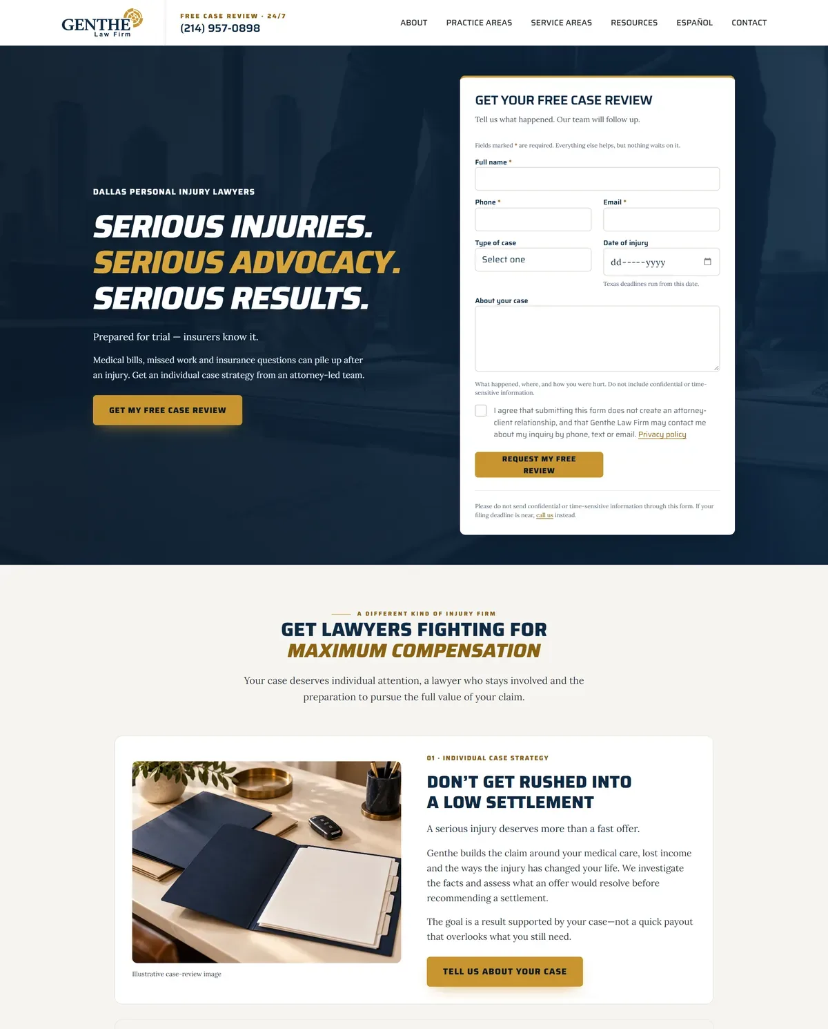 Genthe Law Firm home page with injury case review form