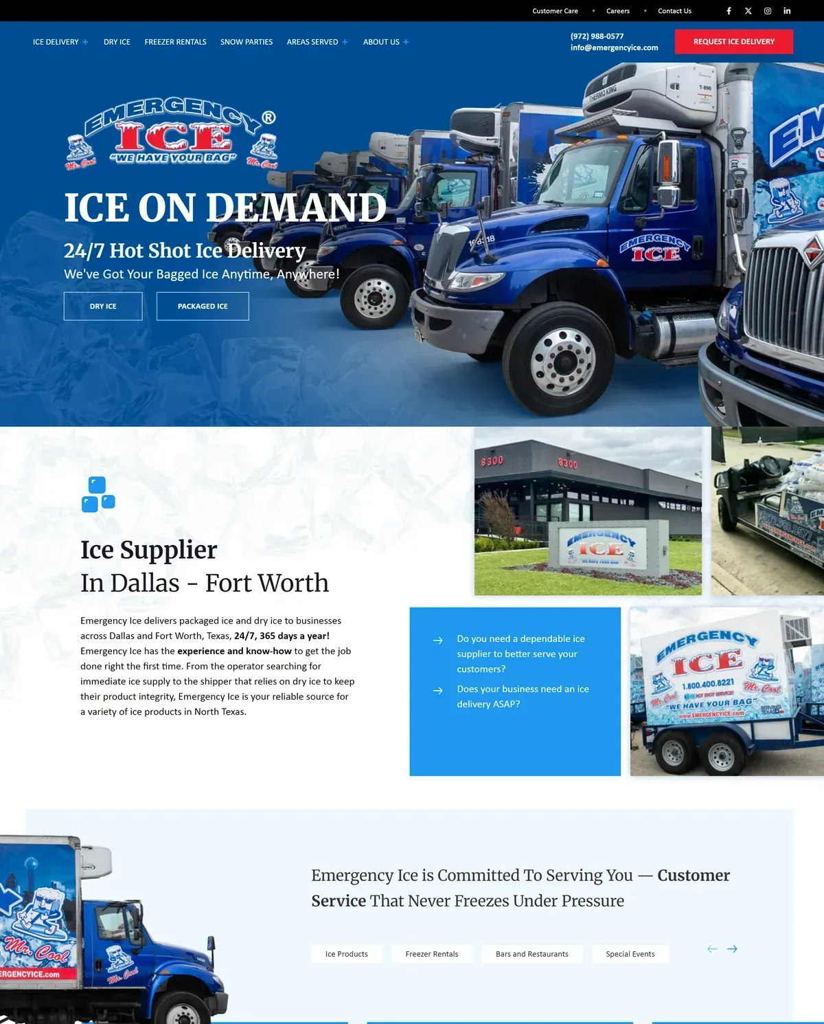 Packaged Ice and Dry Ice Supplier Website: Ice Quantity Calculator and a Delivery Area Map