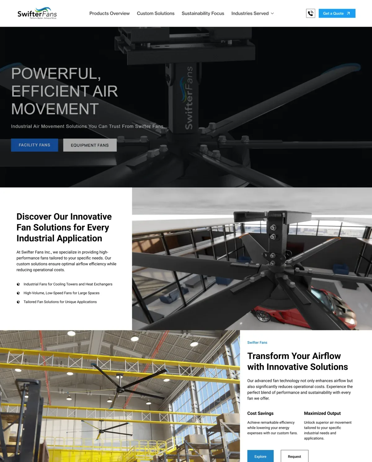 Industrial HVLS Fan Company Website: Homepage Sections by Application with Quote Request Buttons