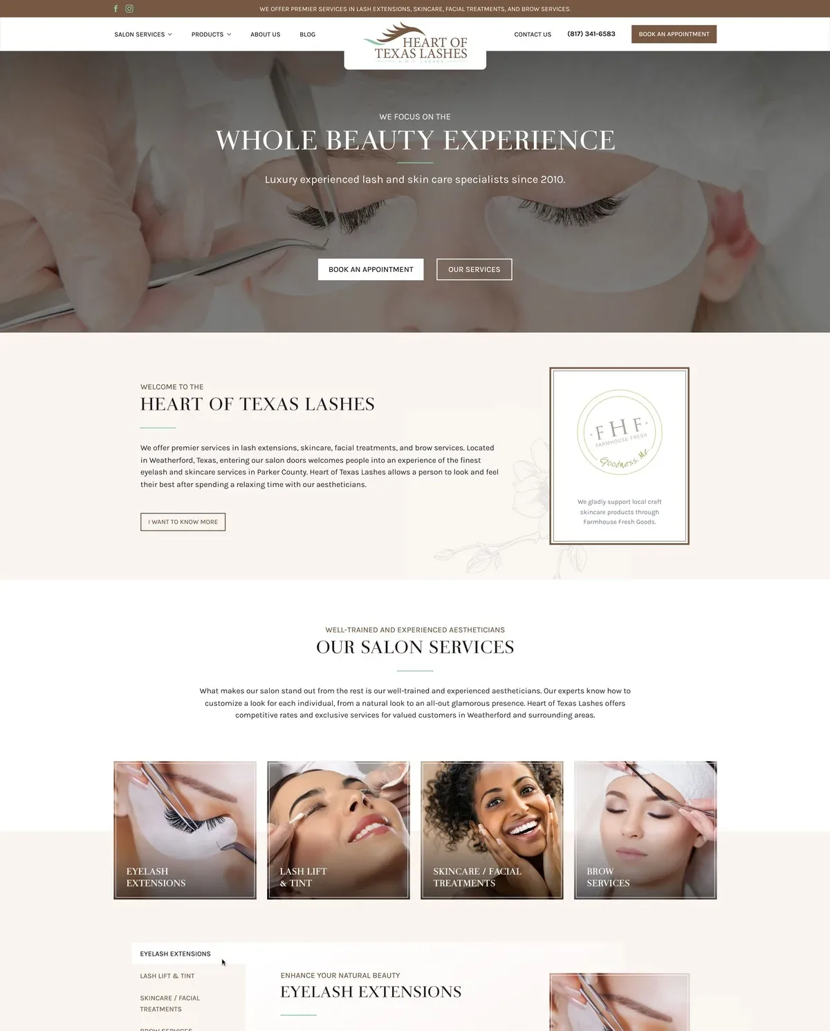 Lash and Skincare Studio Website: Treatment Tabs with Embedded Vagaro Booking