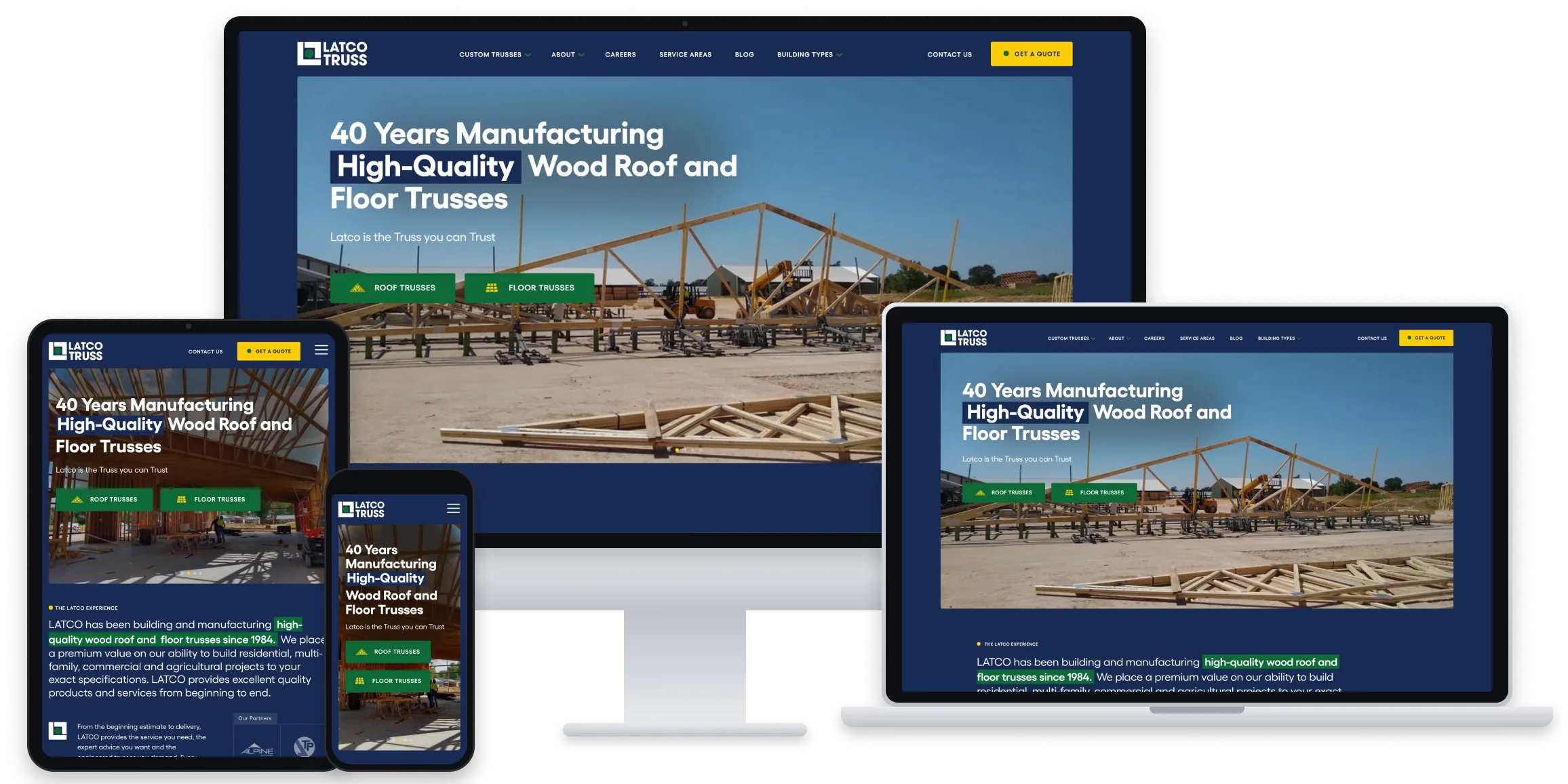 Latco Truss website home page shown on desktop, laptop, tablet and phone screens
