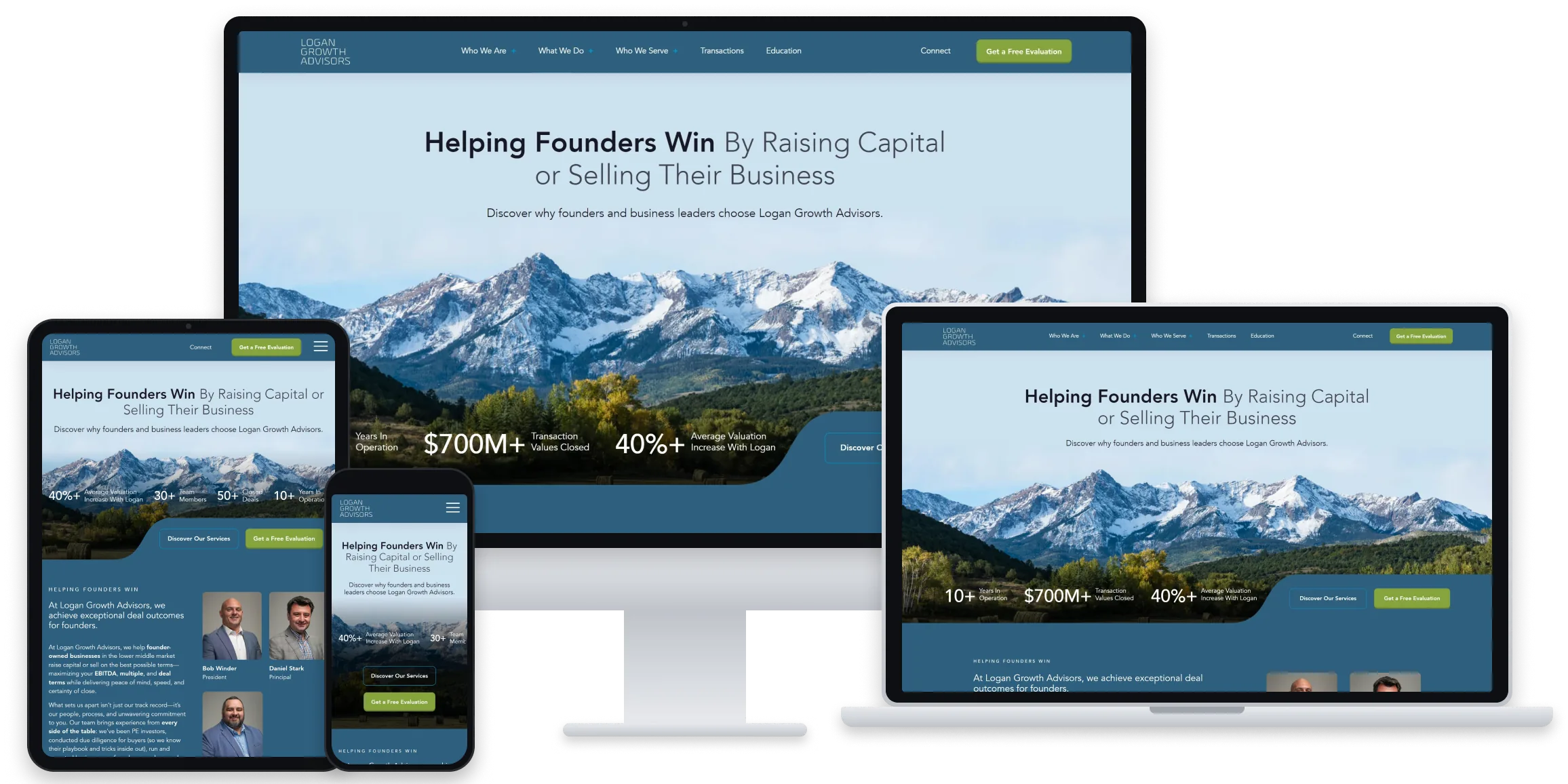 Logan Growth Advisors website home page shown on desktop, laptop, tablet and phone screens