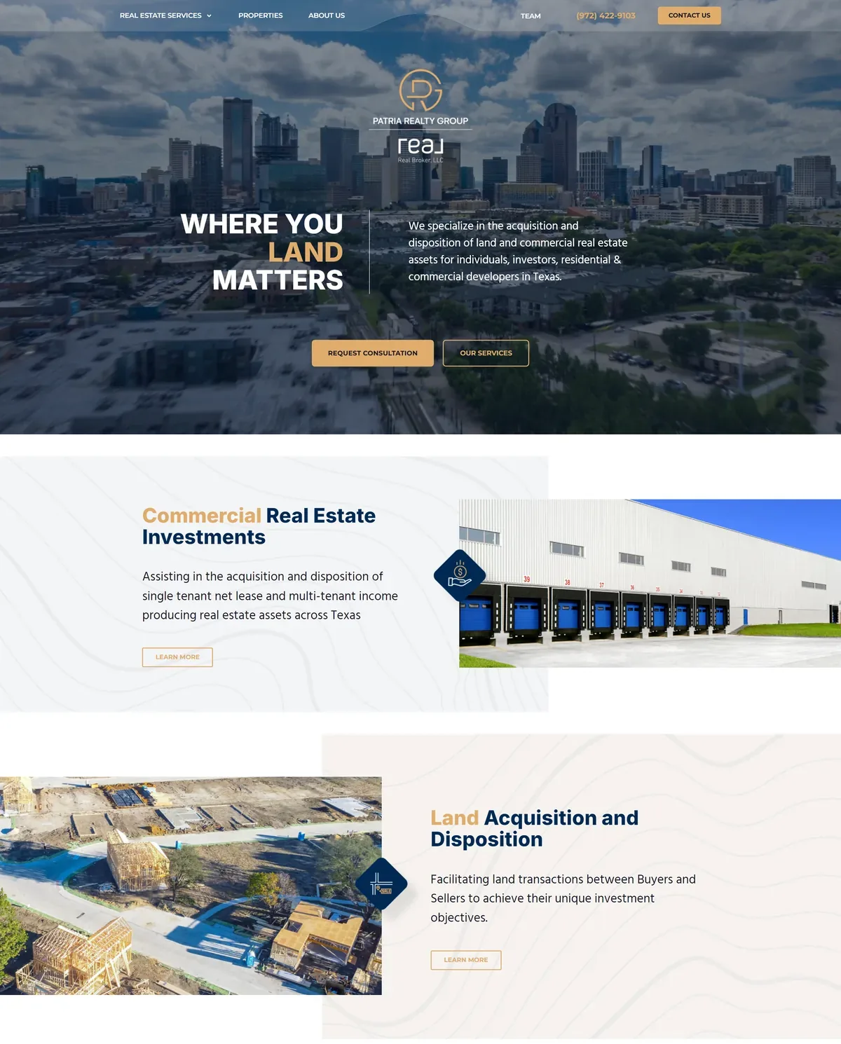 Patria Realty Group home page with its land and commercial property services