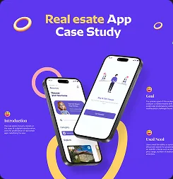 Mobile app case study mockup showing a real estate app on two phones