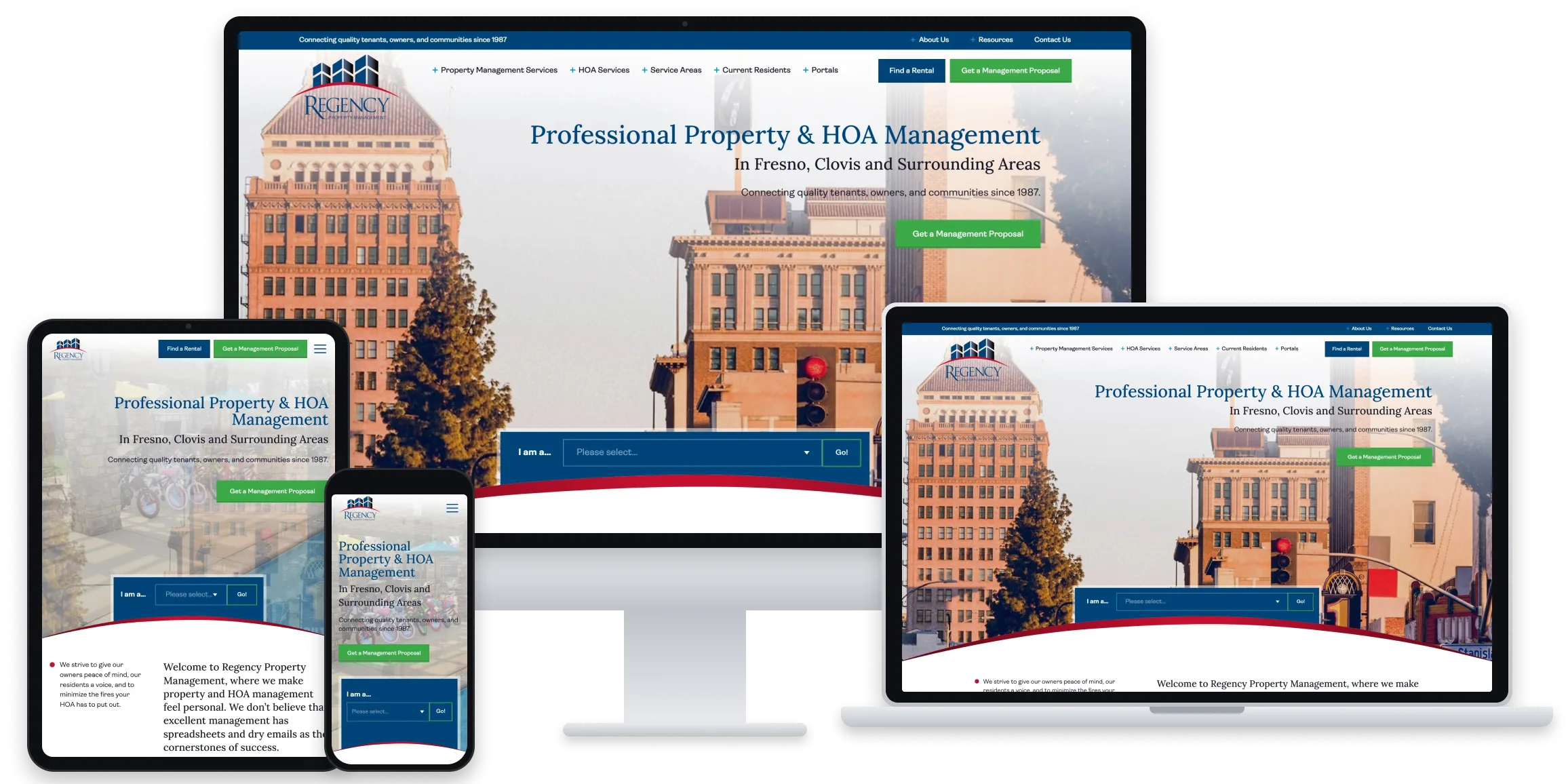 Regency Property Management website home page shown on desktop, laptop, tablet and phone screens