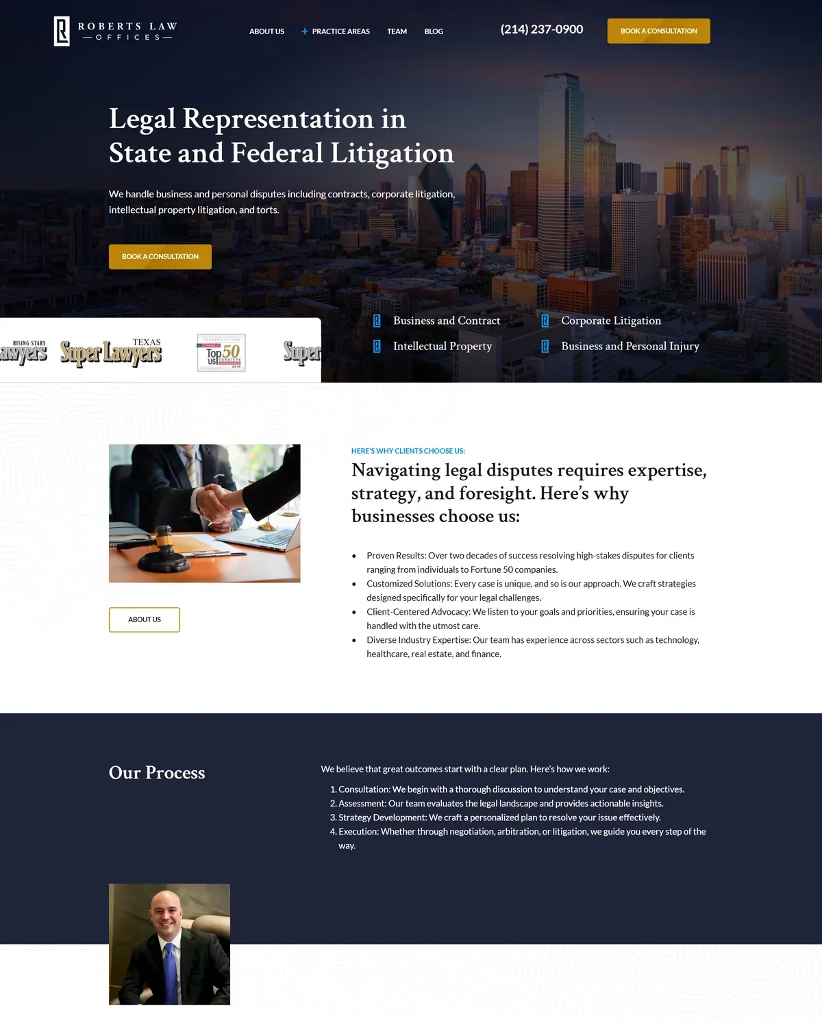 Roberts Law Offices homepage with legal services and consultation links