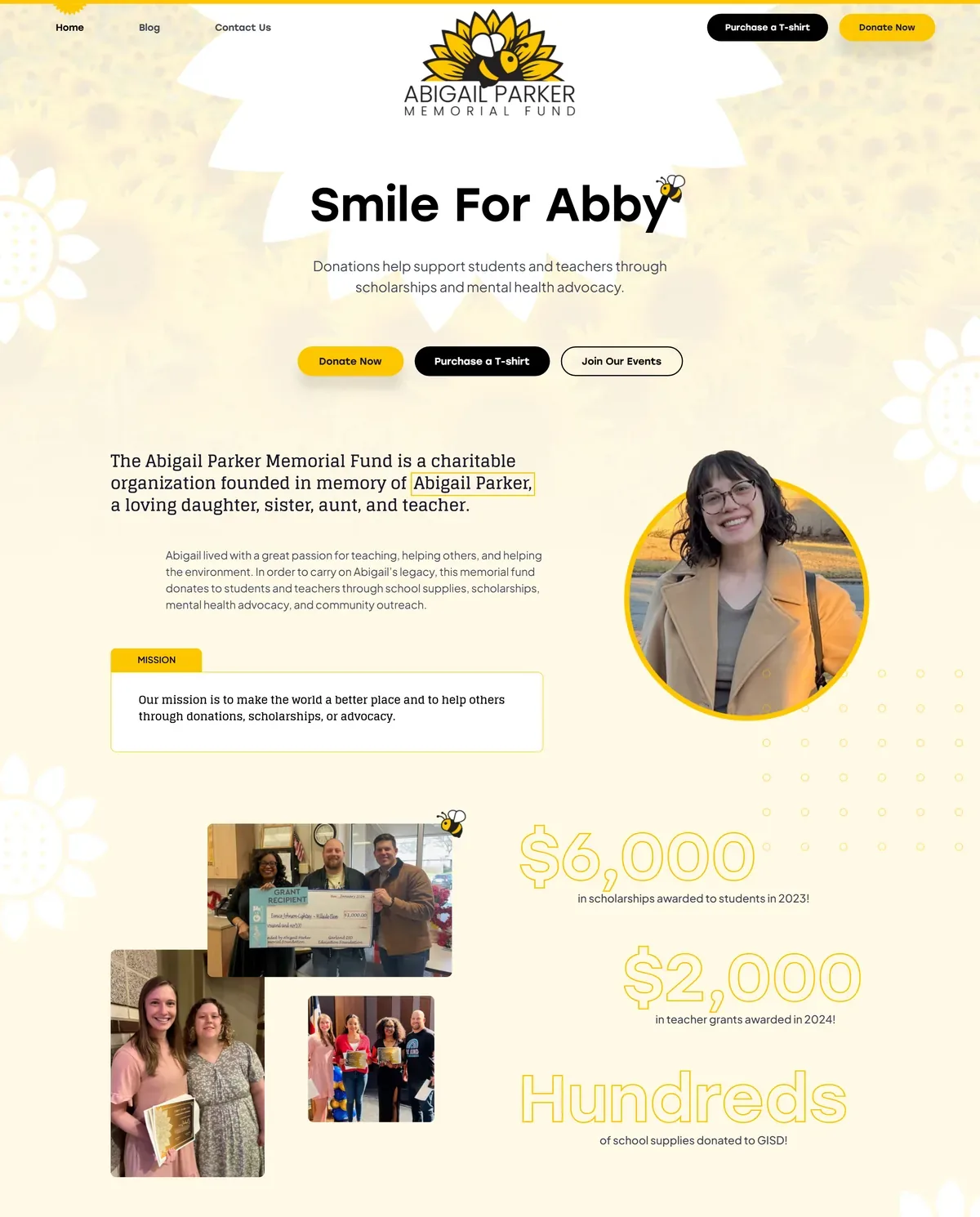 Smile For Abby home page with its heading and support buttons