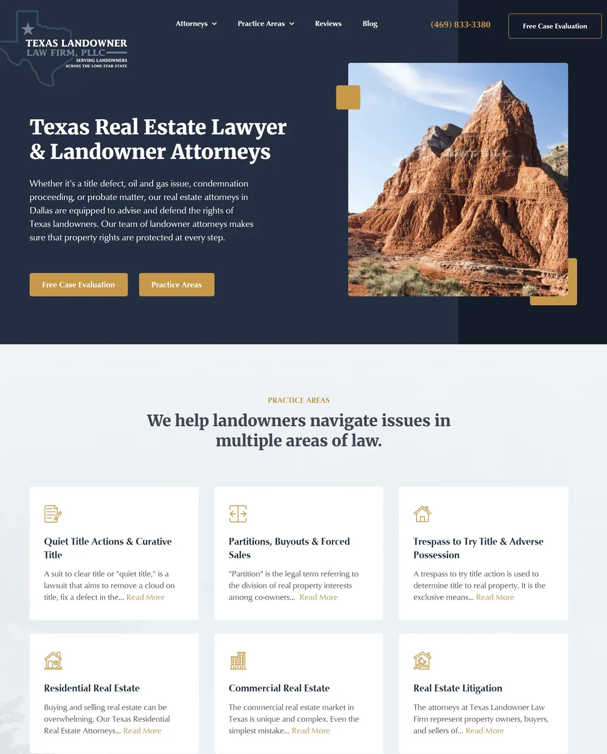 Texas Landowner Law Firm homepage with practice areas and attorney details