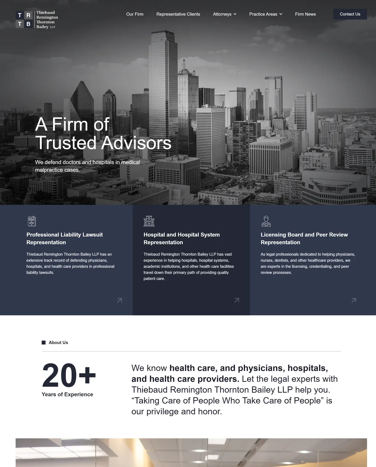 Thiebaud Remington Thornton Bailey home page with healthcare defense services